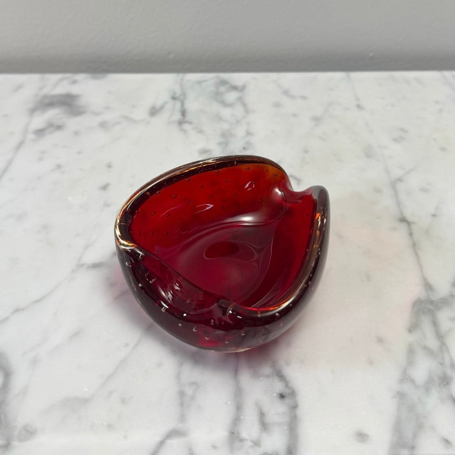Mid-Century Italian Murano Bullicante Red Art Glass Heart Bowl