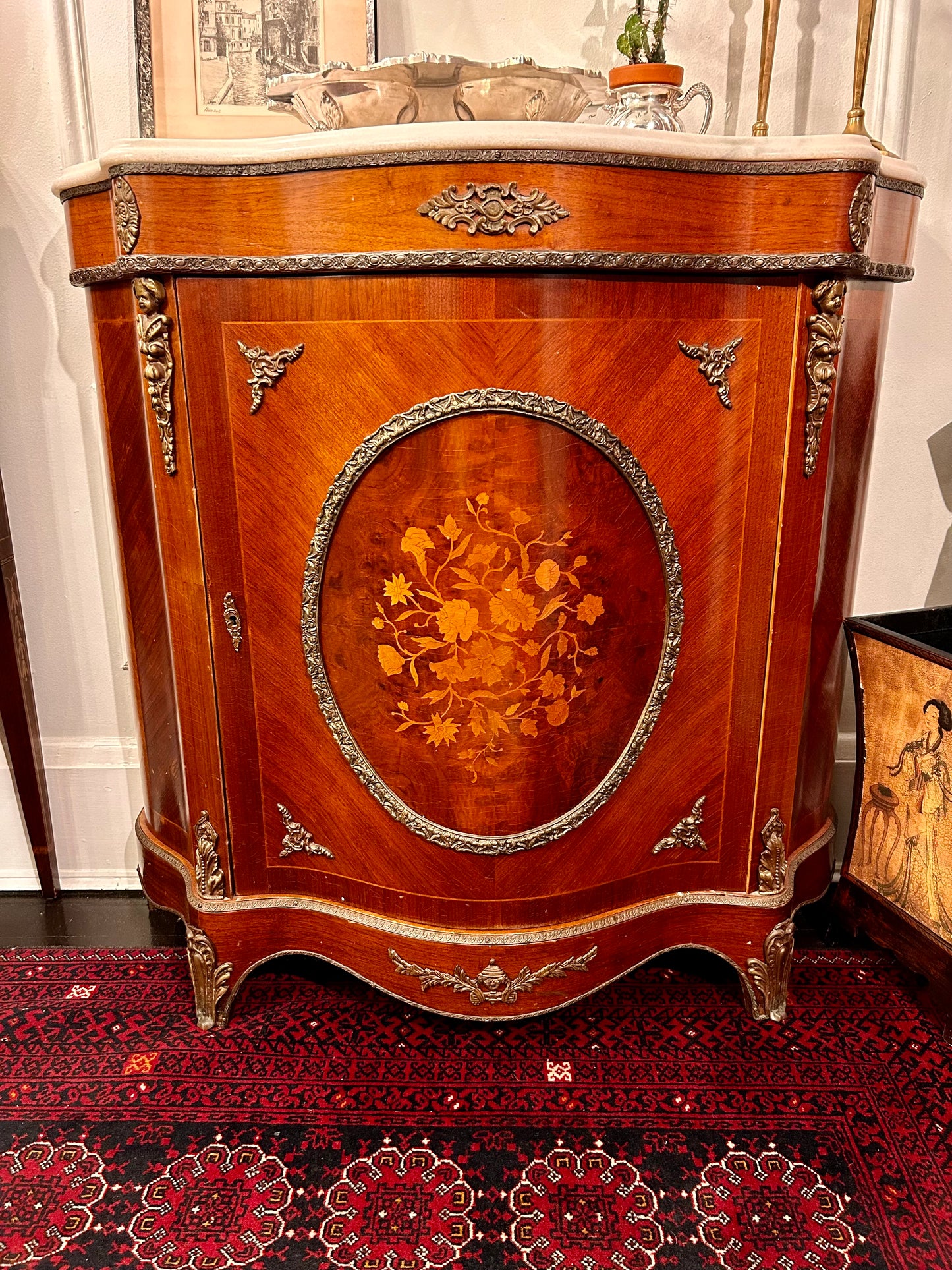 Louis XVI Style Marble Top Marquetry Cabinet