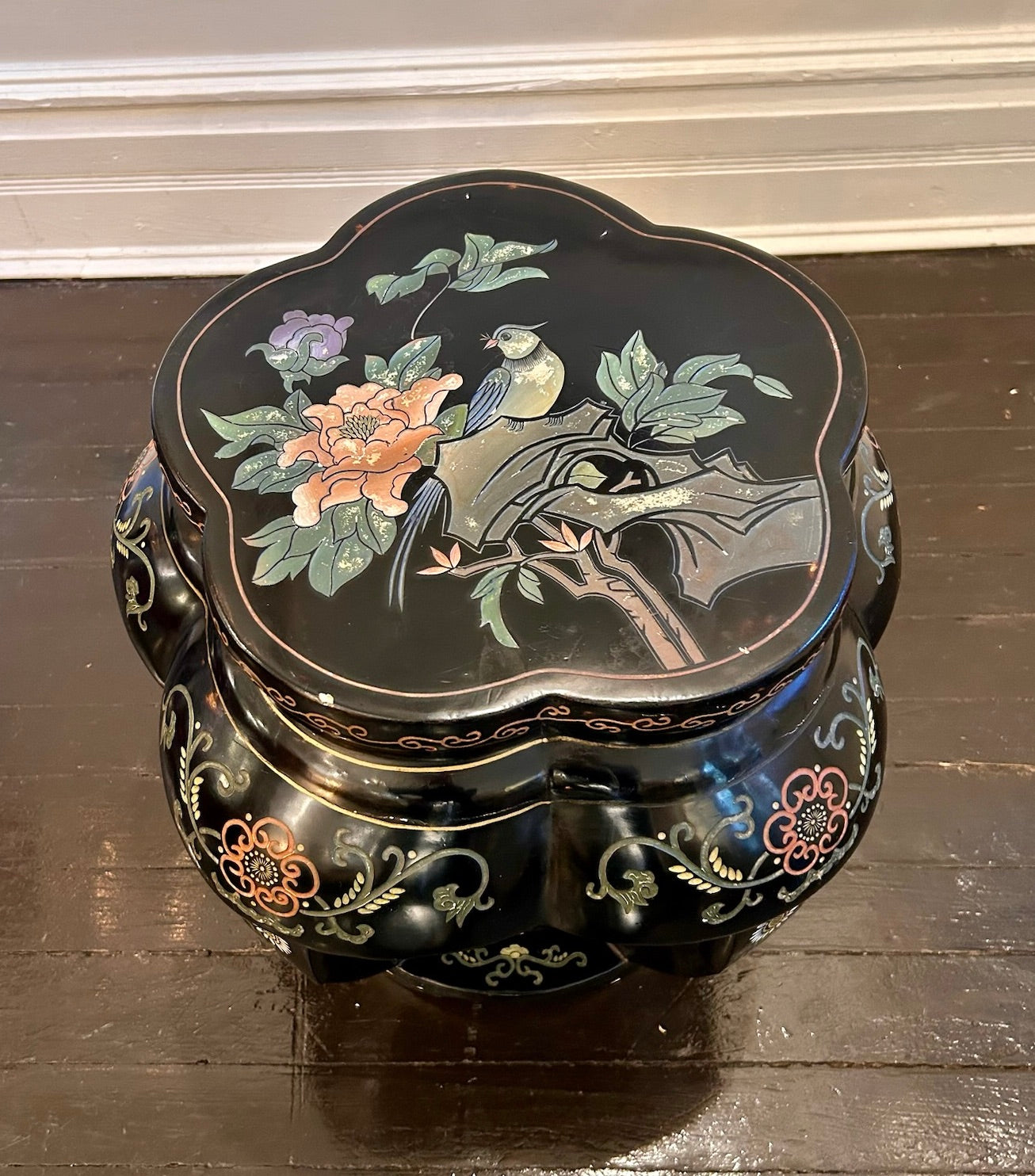 Carved Asian Side Table with Inlaid Colorful Design