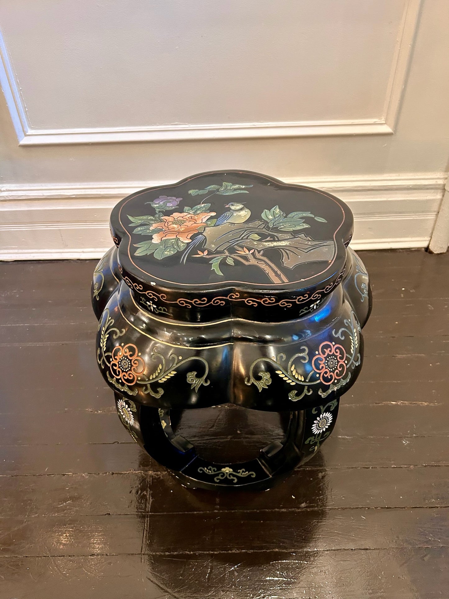 Carved Asian Side Table with Inlaid Colorful Design