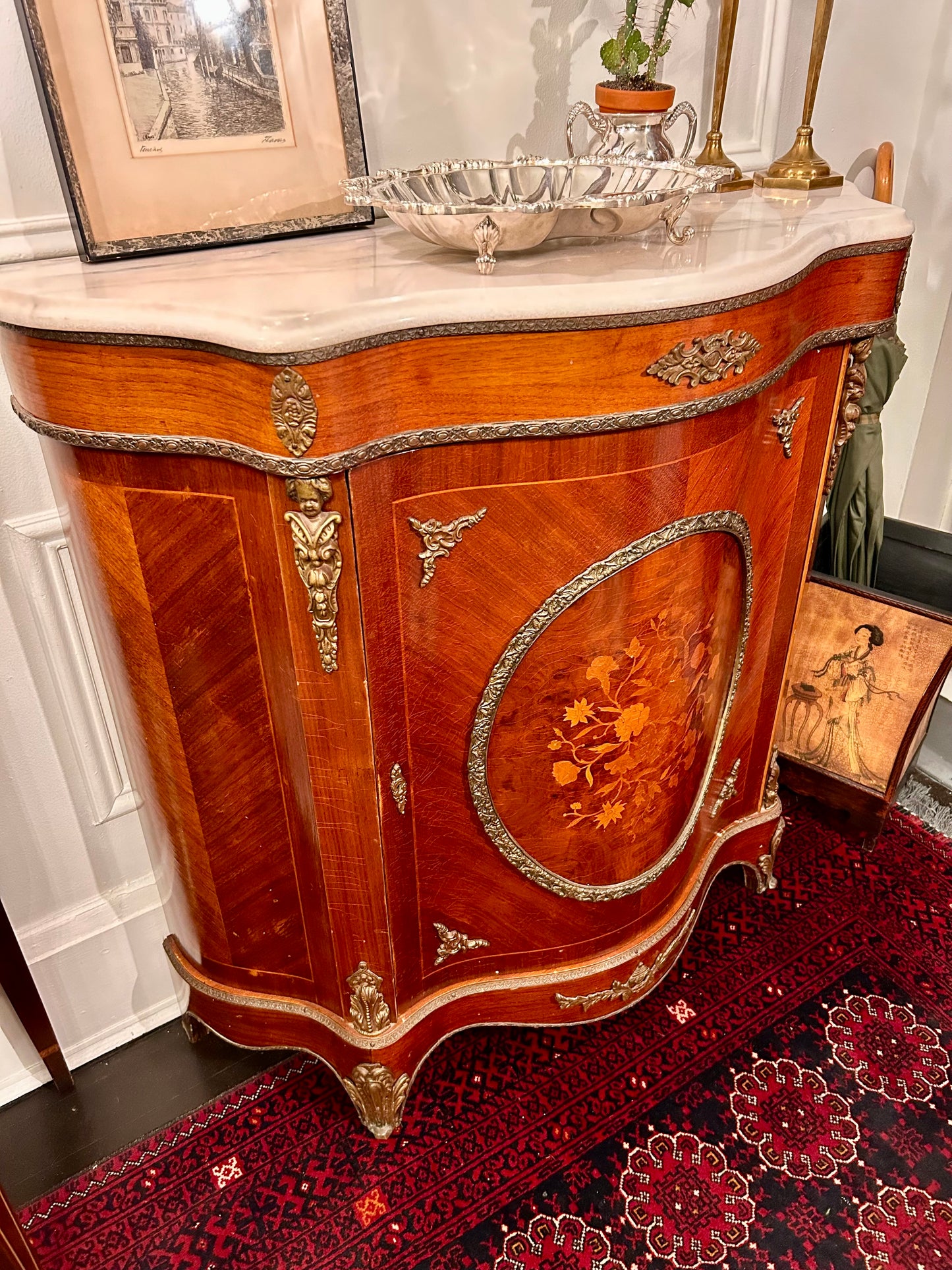 Louis XVI Style Marble Top Marquetry Cabinet