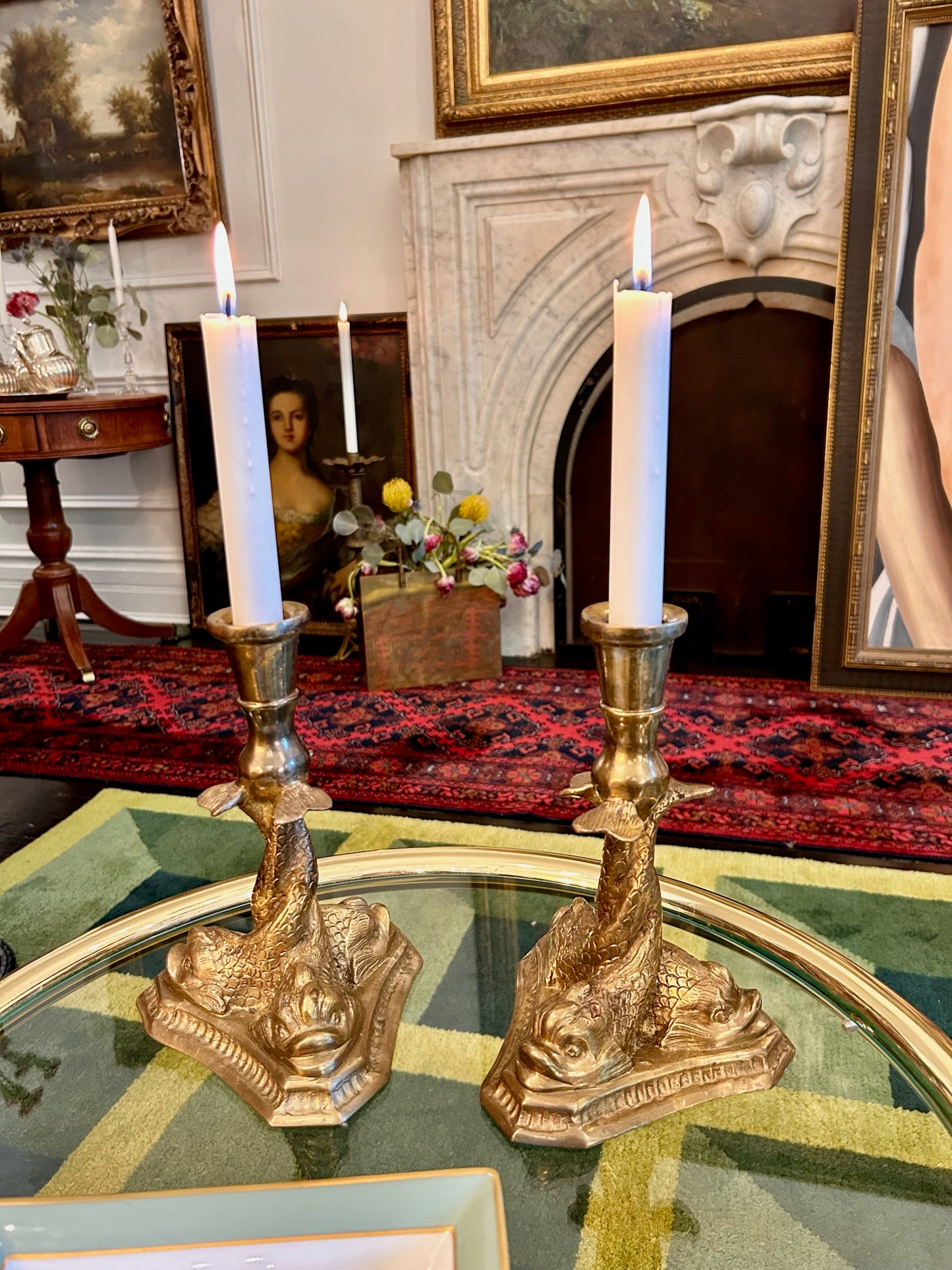 Vintage Brass Dolphin Trio Candle Stick Pair