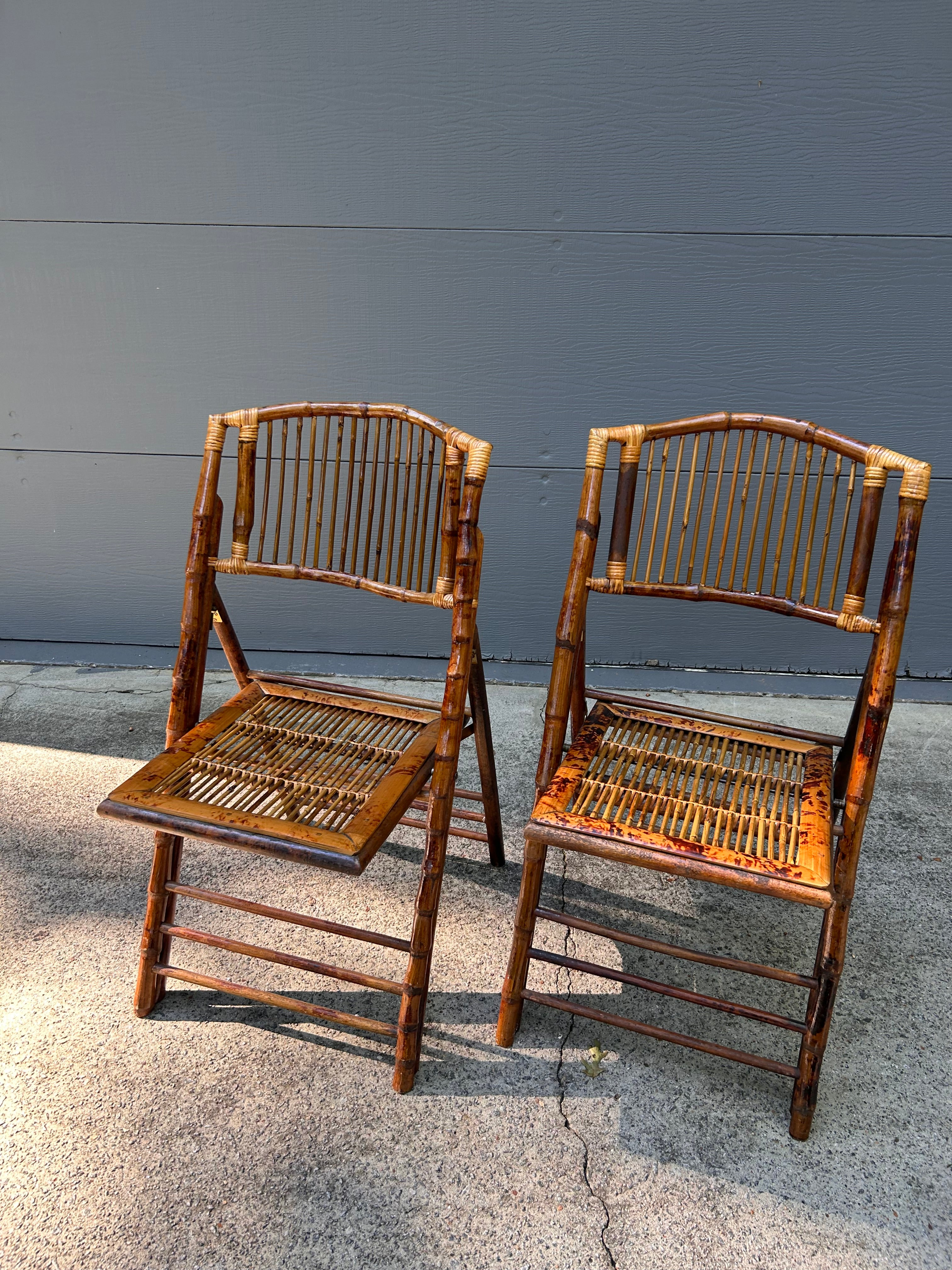 MCM Bamboo Tortoiseshell Folding Chair Pair