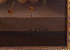 Close-up of a painting with a signature, featuring a cherry and a brown surface.