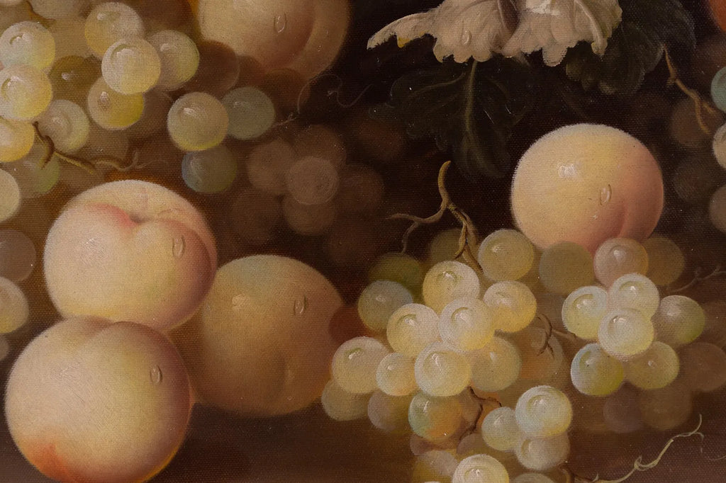 Close-up of peaches and grapes with a dark background