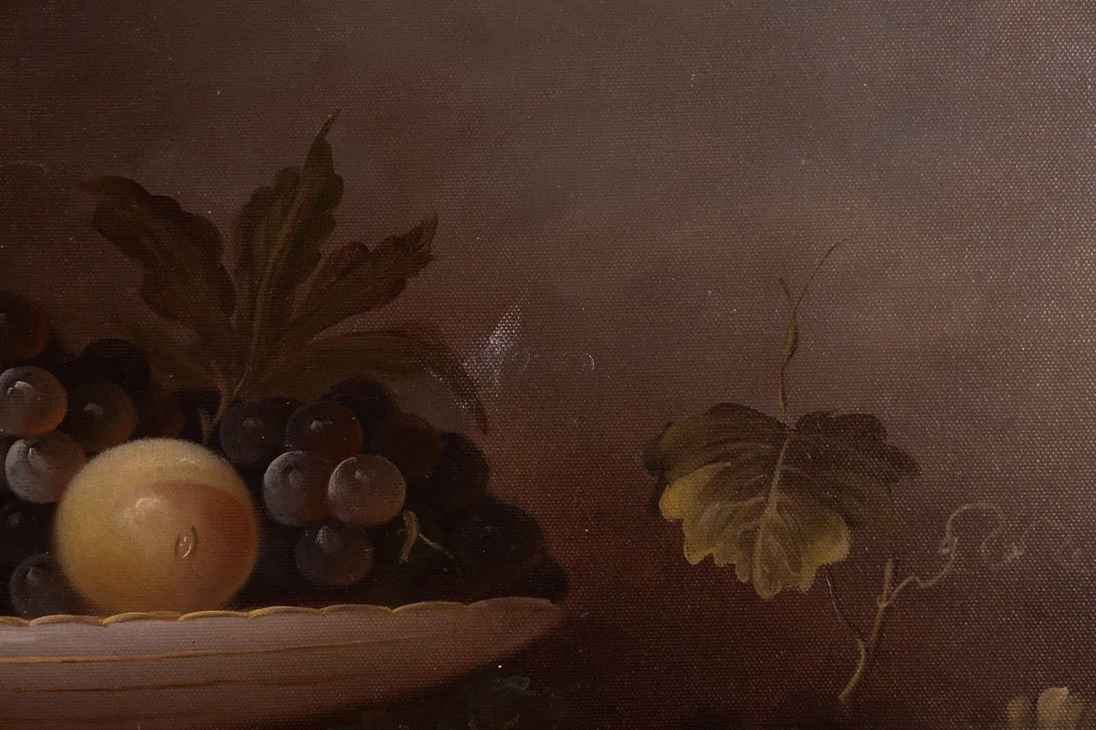 Still life painting of fruits in a bowl with a dark background