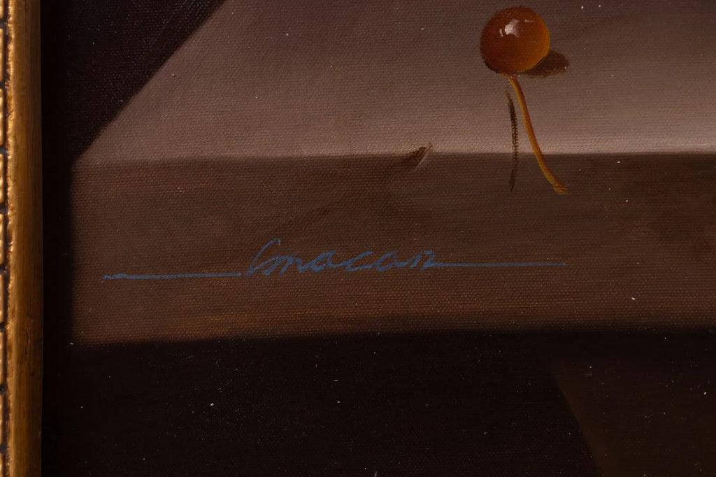 Close-up of a small mushroom with a signature on a brown background