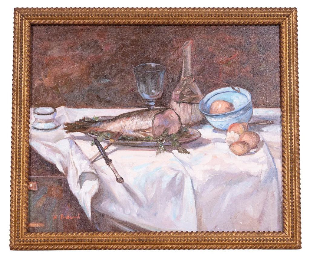 Still life painting with fish, wine glass, and bread on a tablecloth, framed in gold.