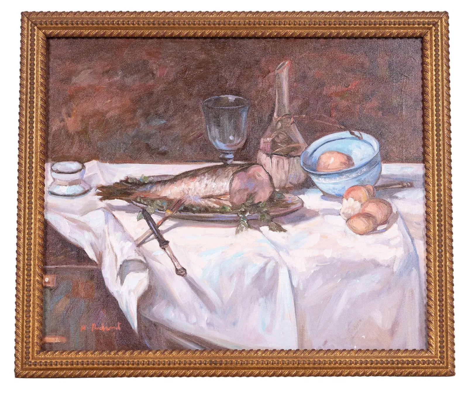 Still life painting with fish, wine glass, and bread on a tablecloth, framed in gold.