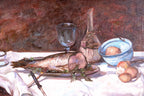 Still life painting with fish, glass, bottle, and other items on a tablecloth.