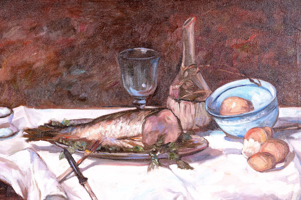 Still life painting with fish, glass, bottle, and other items on a tablecloth.