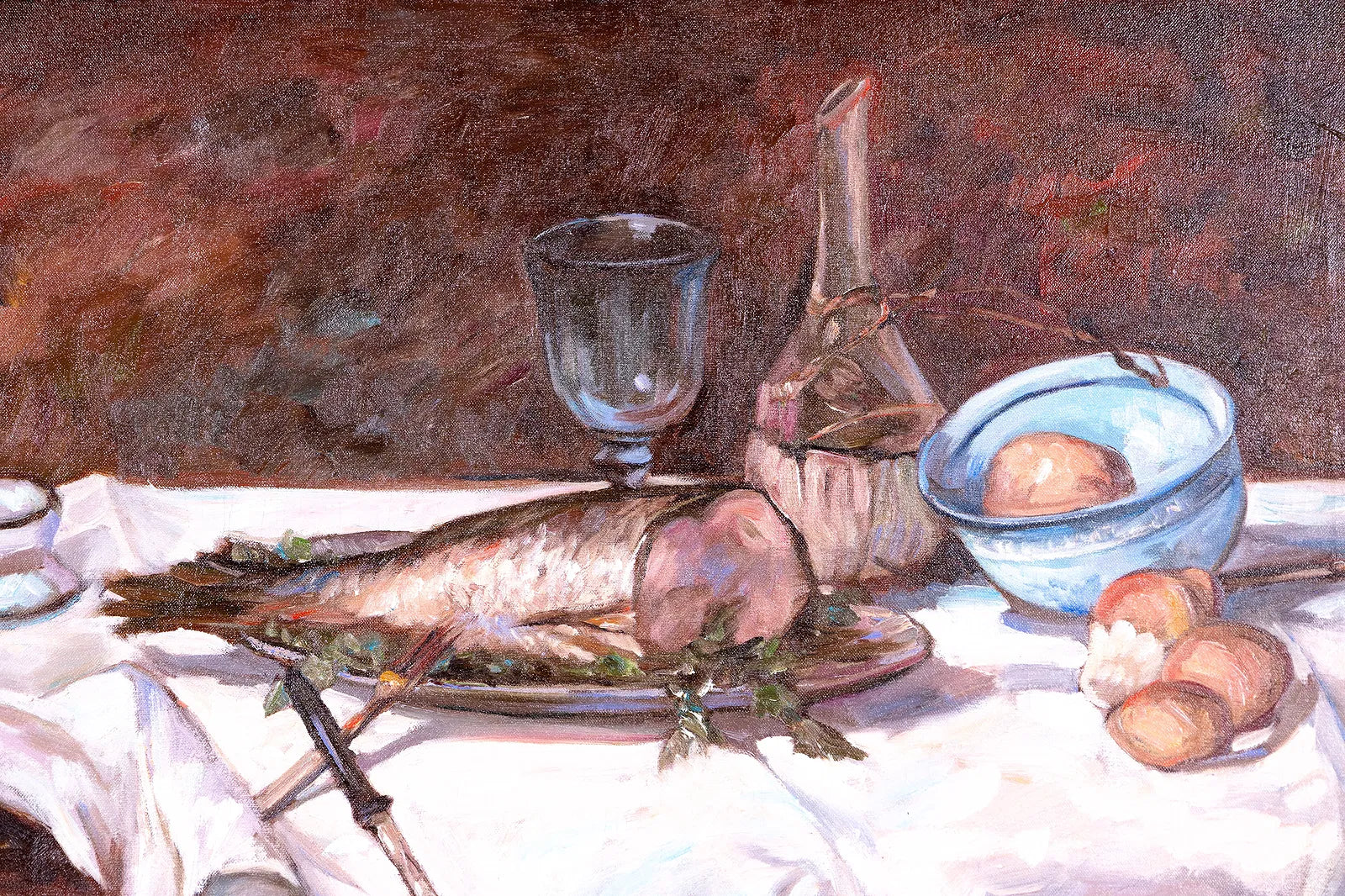 Still life painting with fish, glass, bottle, and other items on a tablecloth.