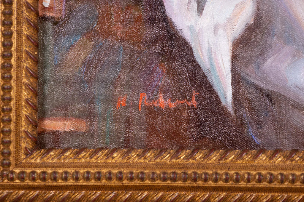 Close-up of a painting with a gold frame and signature.