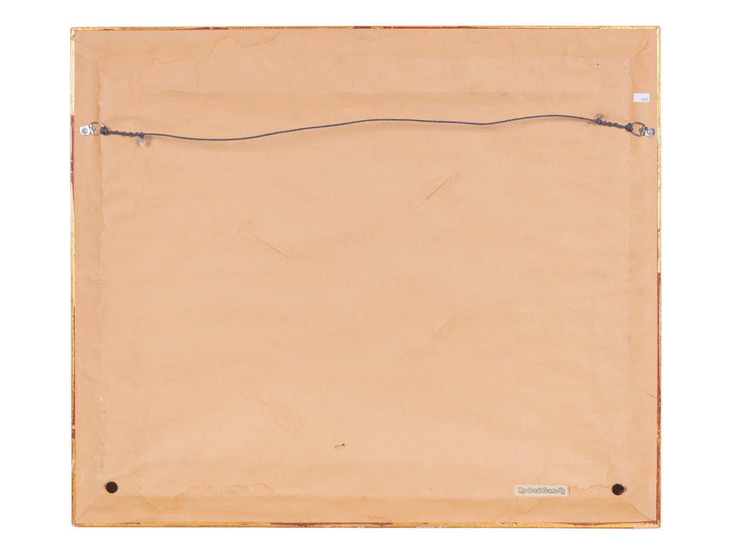 Back view of a framed artwork with a visible brand logo on a white background