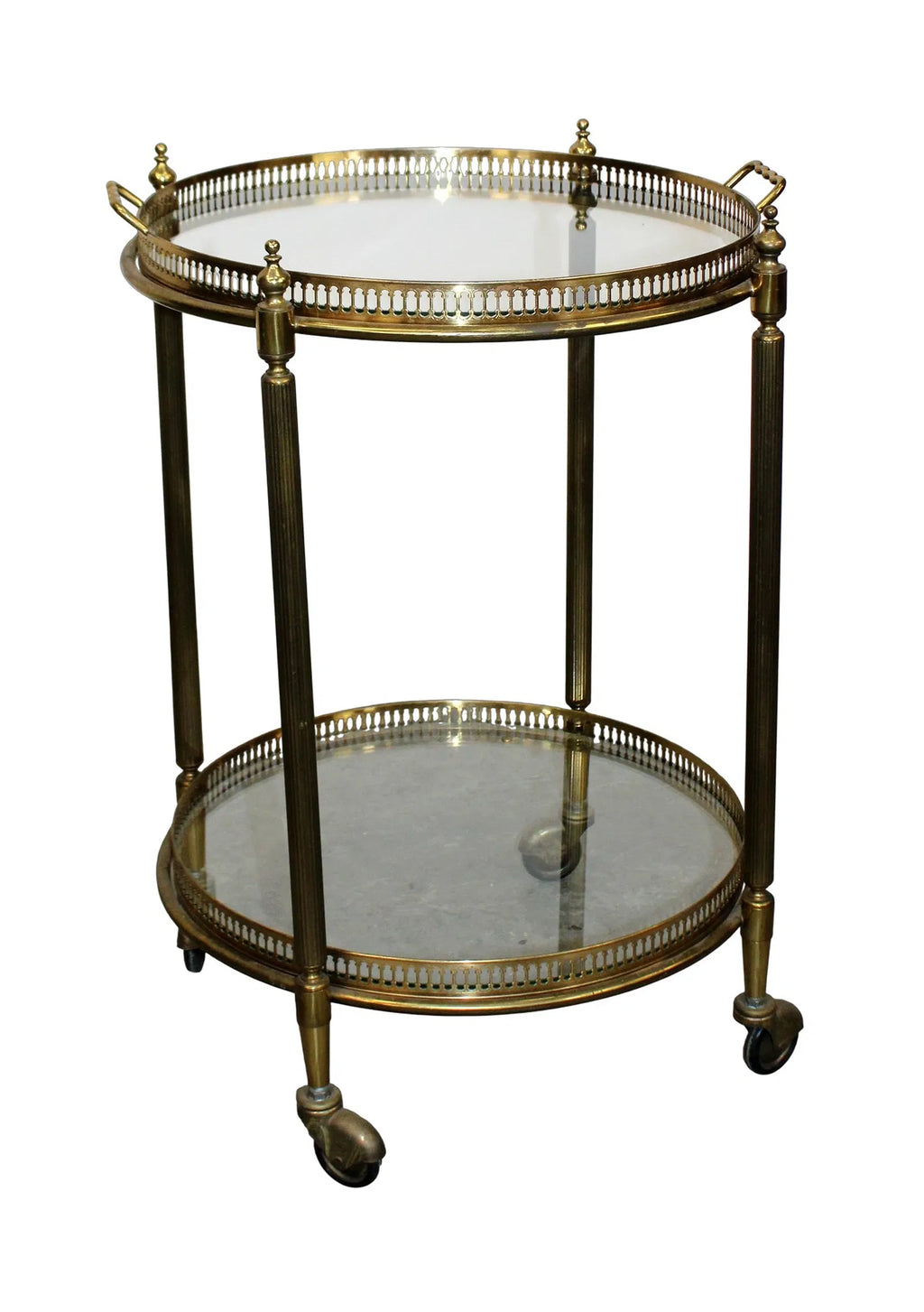 French brass and glass two tier round rolling bar cart