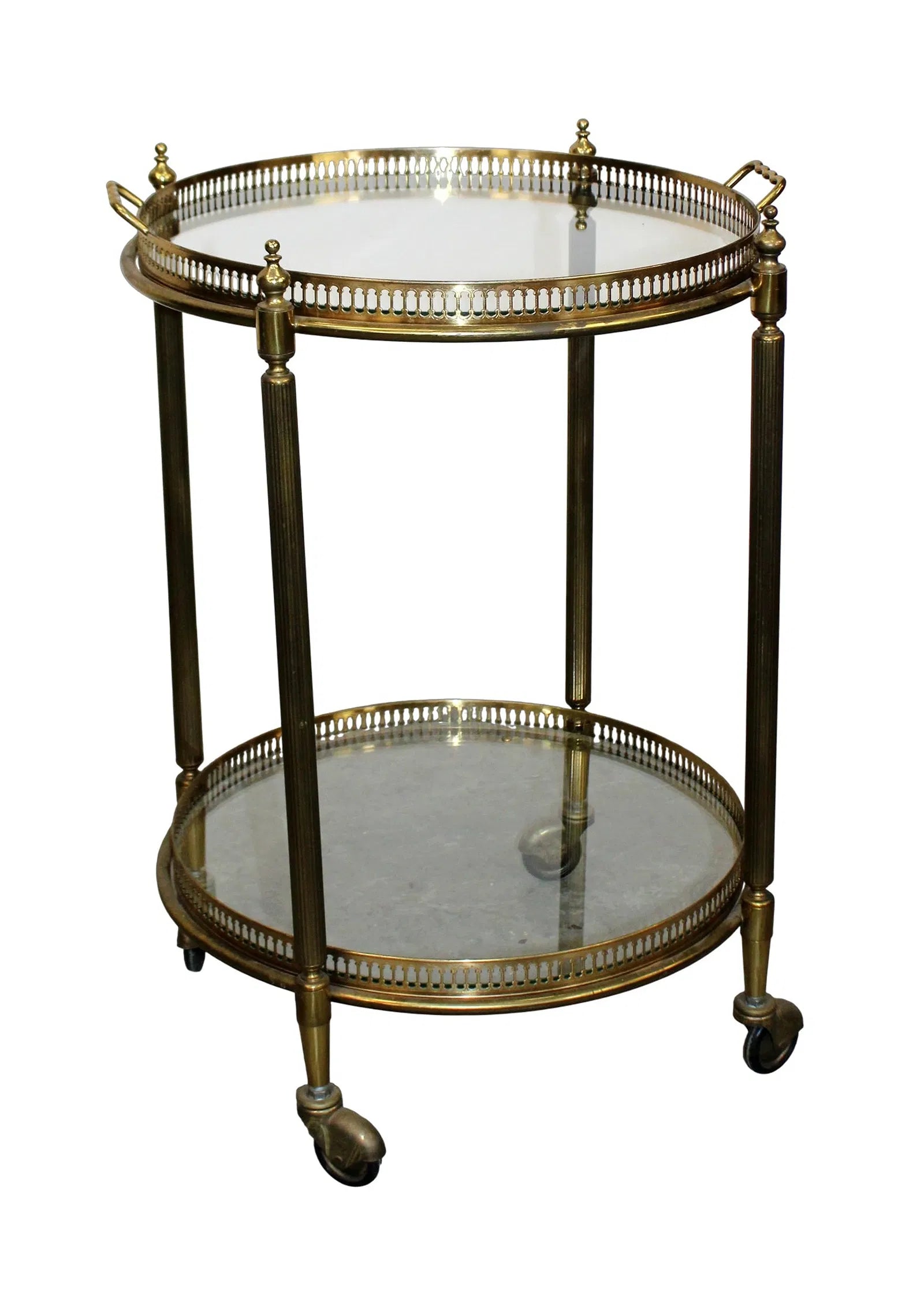French brass and glass two tier round rolling bar cart