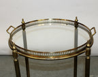 French brass and glass two tier round rolling bar cart