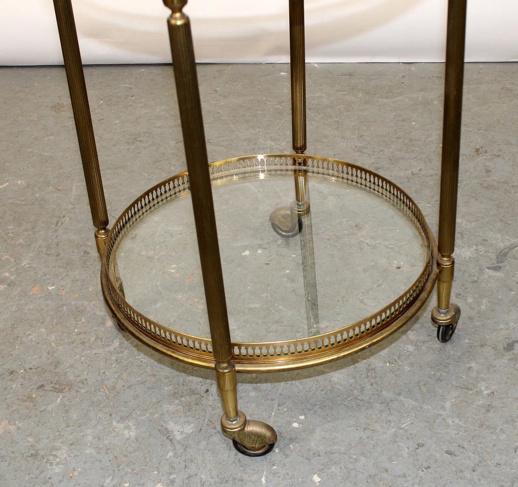 French brass and glass two tier round rolling bar cart