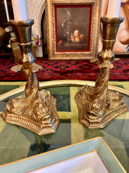 Vintage Brass Dolphin Trio Candle Stick Pair