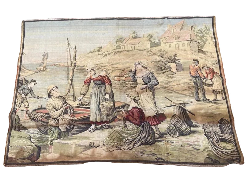 Vintage Belgian Tapestry of Flemish Coastal Harbor Scene