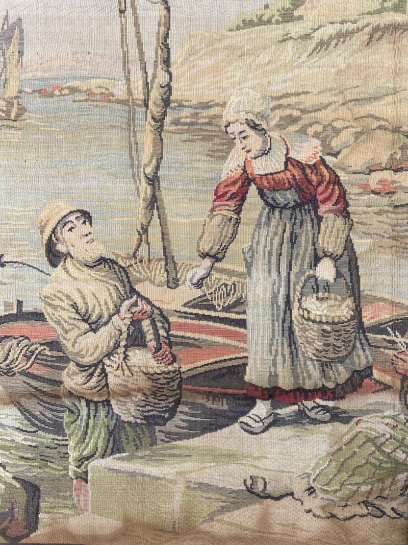 Vintage Belgian Tapestry of Flemish Coastal Harbor Scene