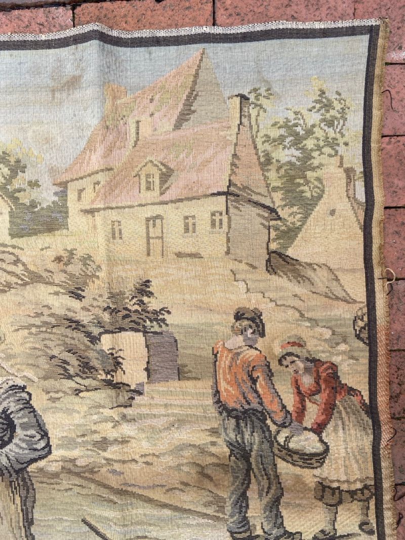 Vintage Belgian Tapestry of Flemish Coastal Harbor Scene