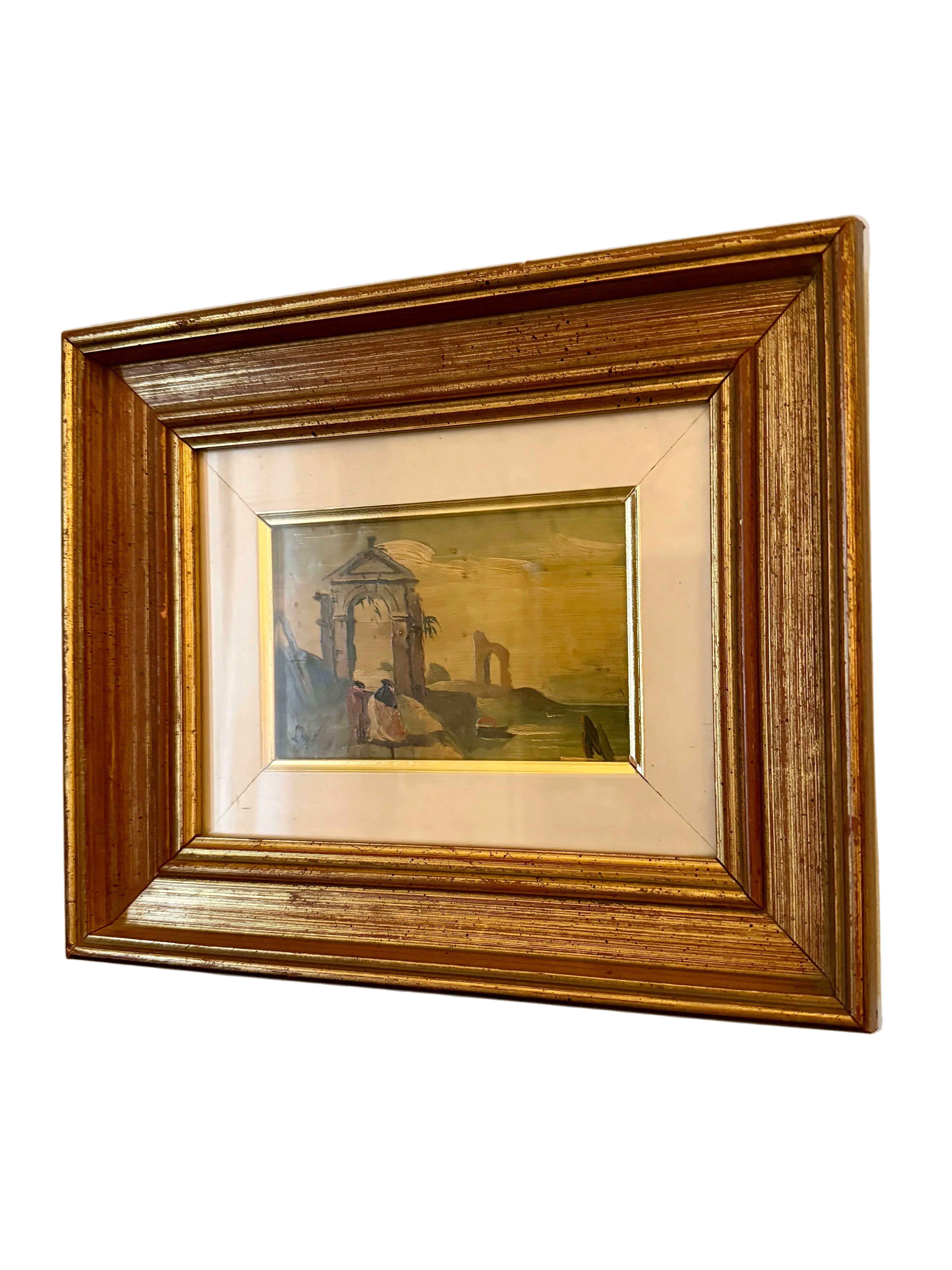 Italian Coastal Ruins Scene – Oil on Copper