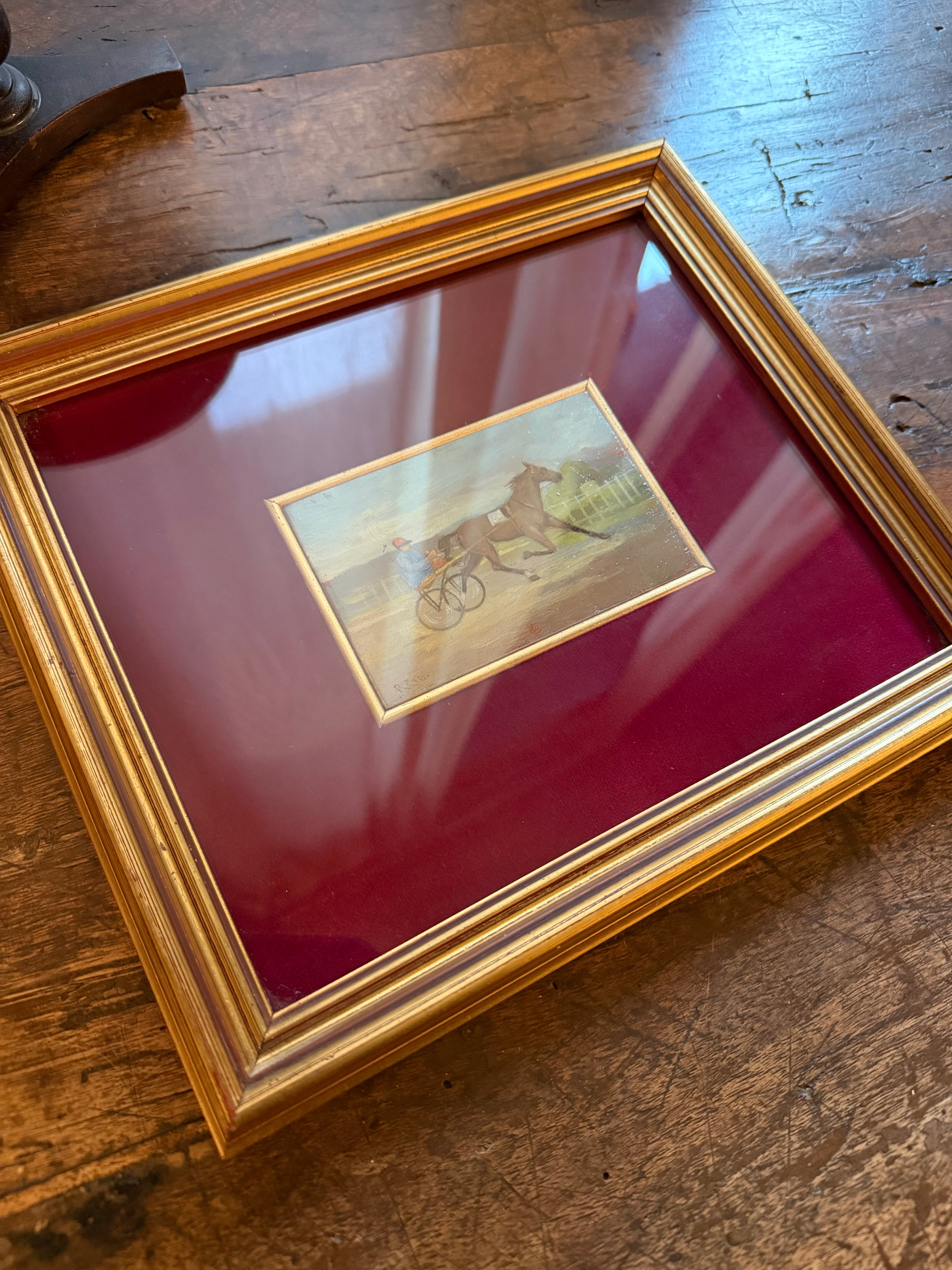 Horse Harness Racing Scene Oil on Board Signed R. Zilli