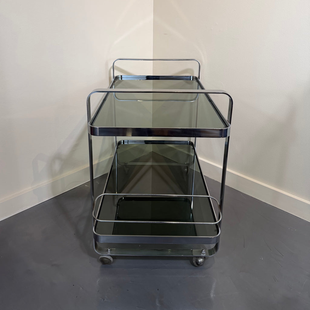 Chrome & Smoked Glass Bar Cart in Style of Jacque Adnet