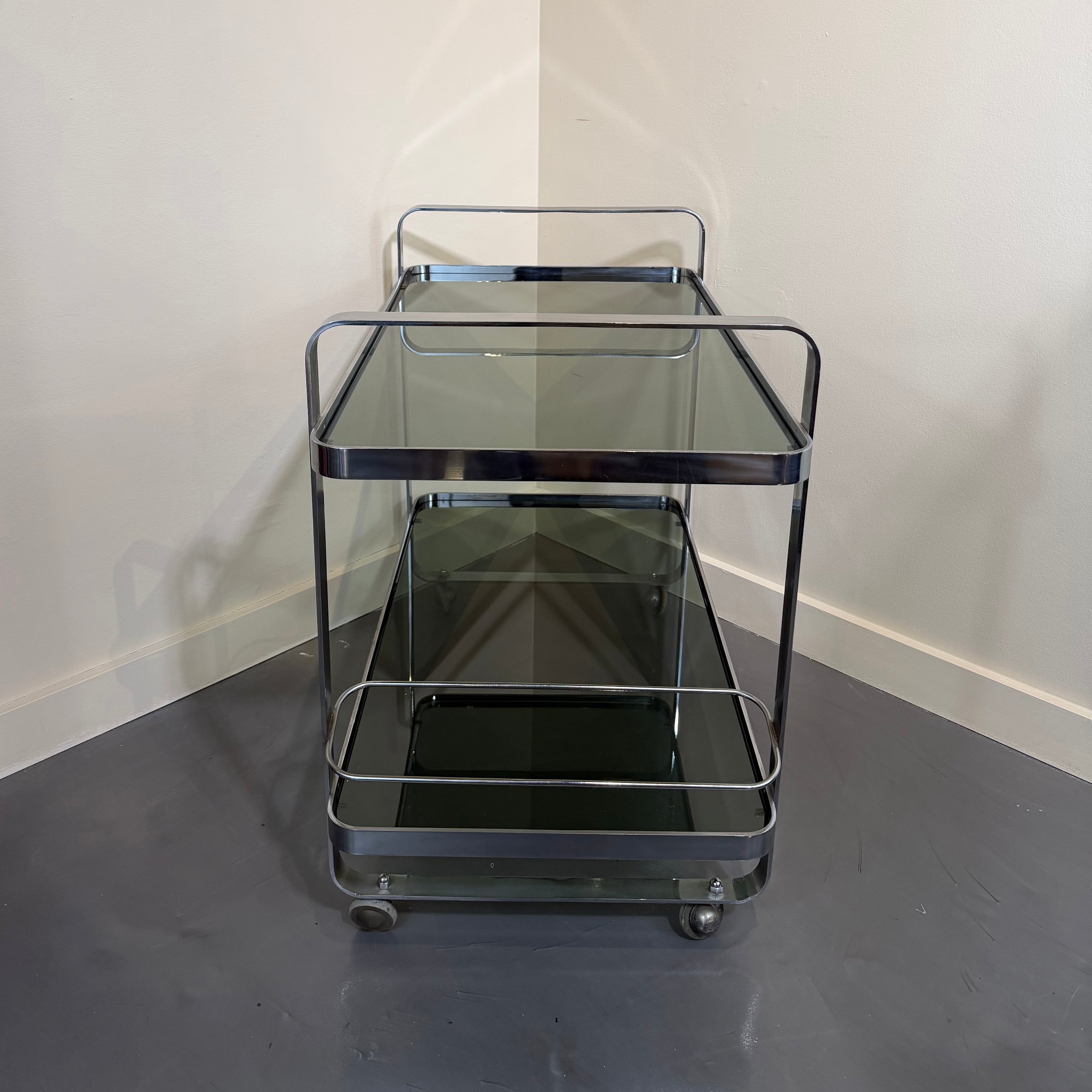 Chrome & Smoked Glass Bar Cart in Style of Jacque Adnet