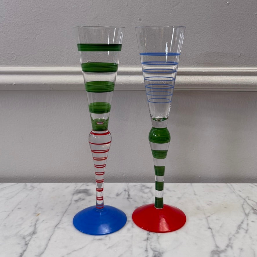 Postmodern Orrefors Clown Champagne Flutes by Anne Nilsson, Pair
