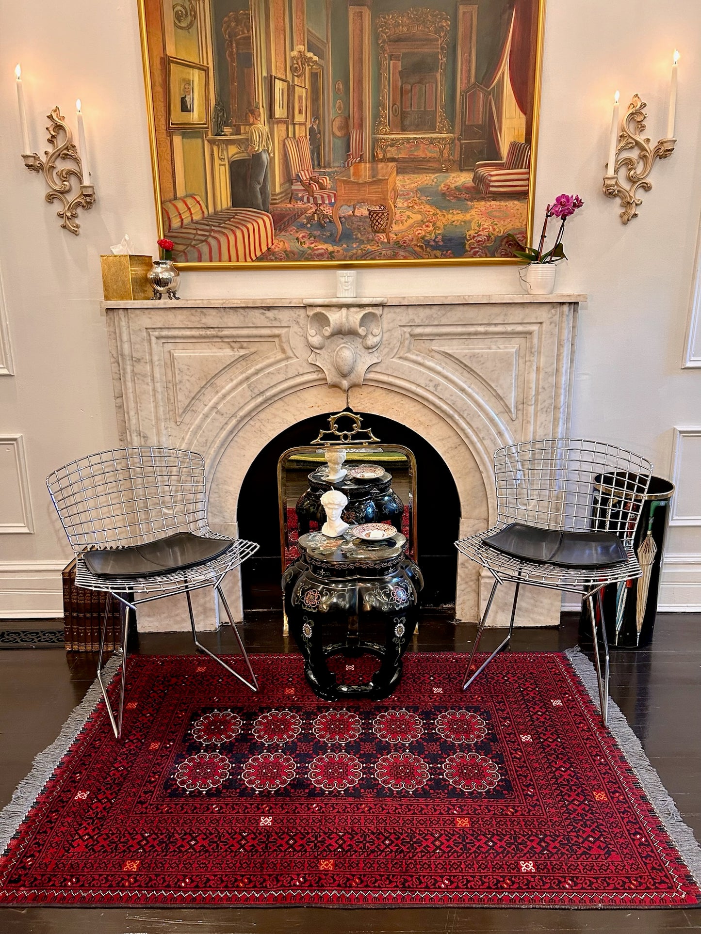 Carved Asian Side Table with Inlaid Colorful Design