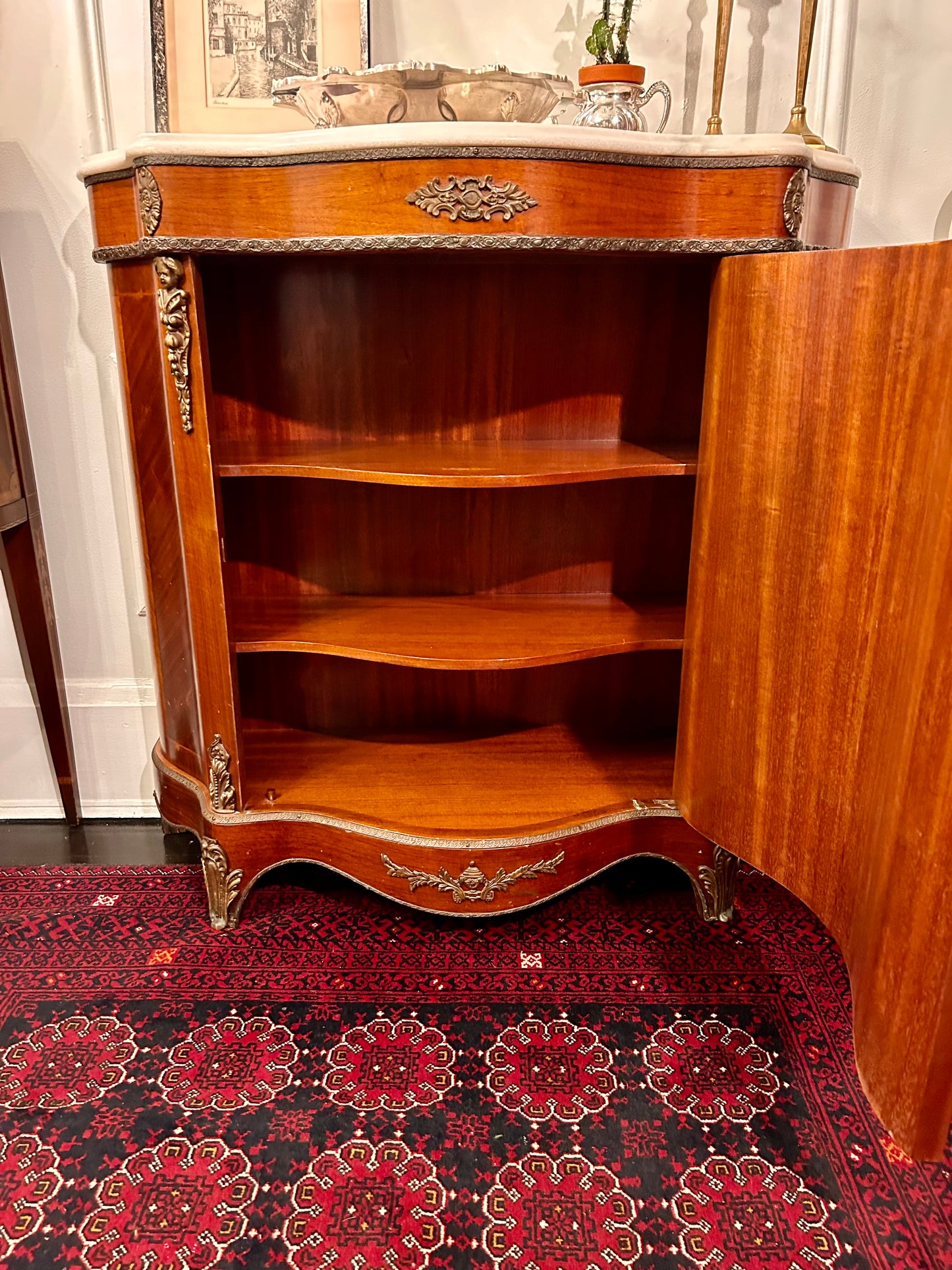 Louis XVI Style Marble Top Marquetry Cabinet