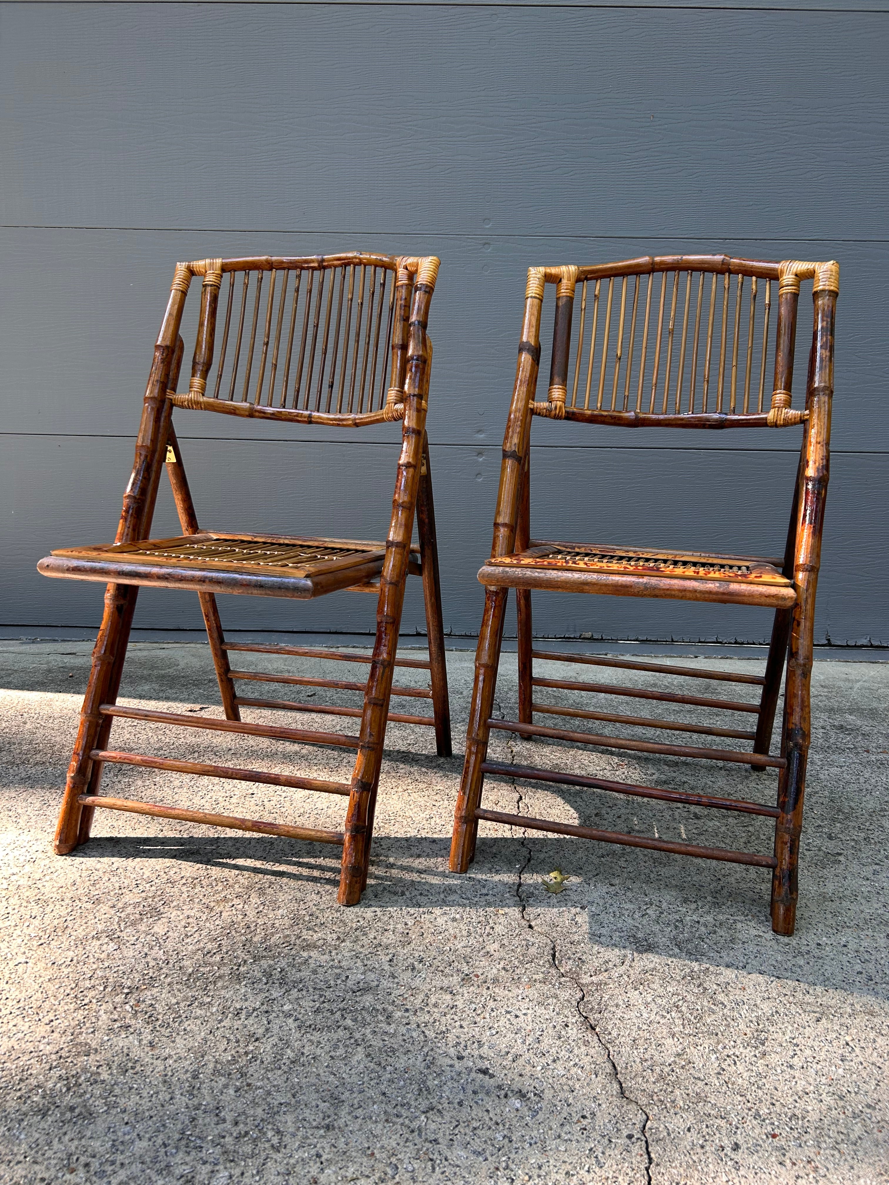 MCM Bamboo Tortoiseshell Folding Chair Pair