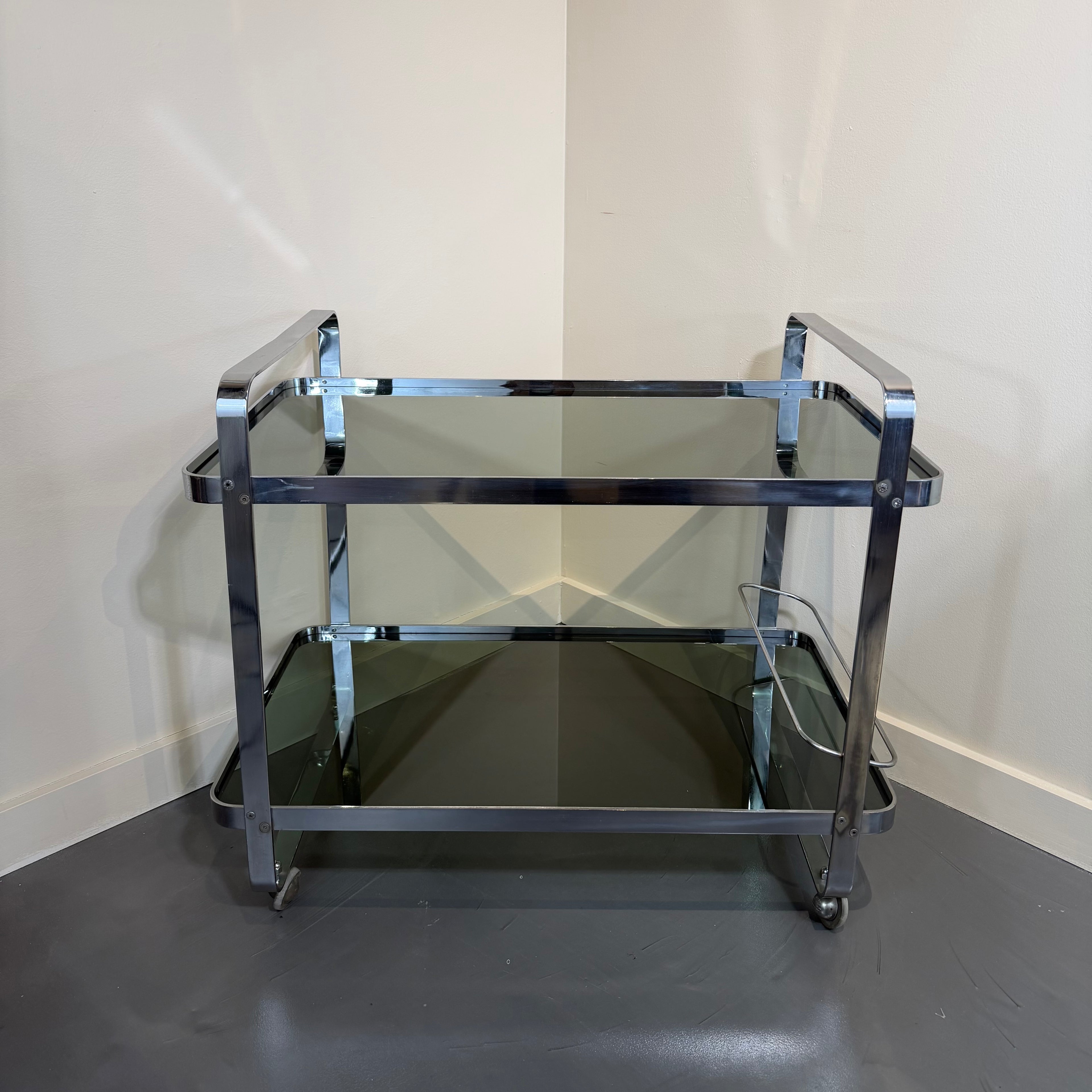Chrome & Smoked Glass Bar Cart in Style of Jacque Adnet