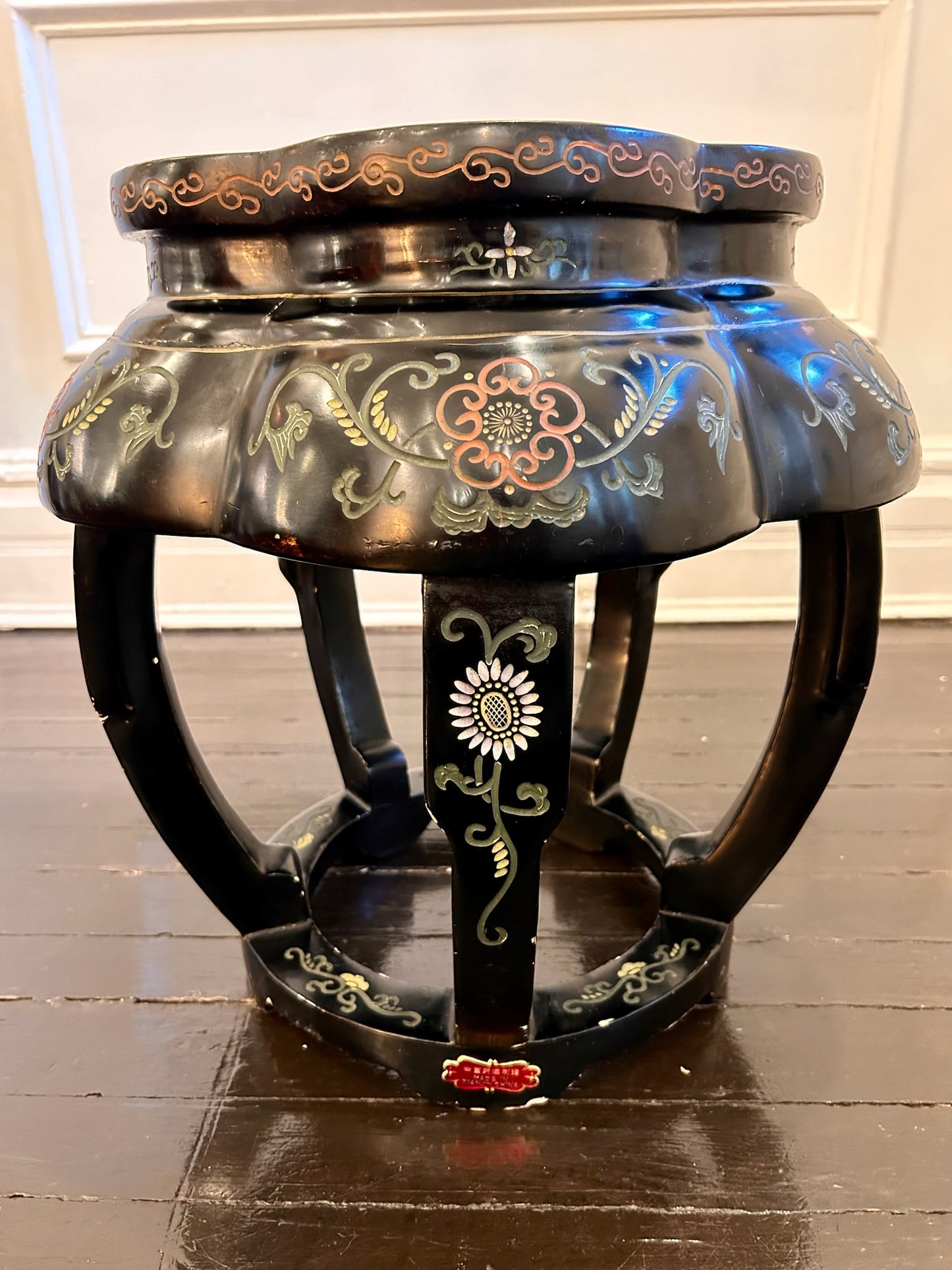 Carved Asian Side Table with Inlaid Colorful Design