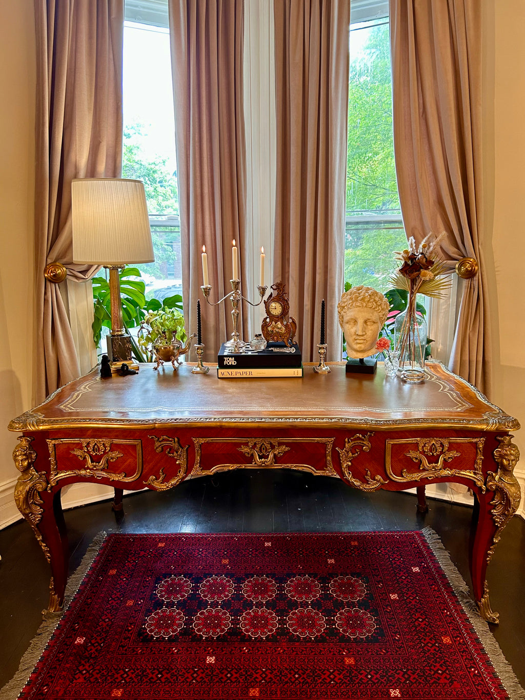 20th C. Vintage Bronze Mounted, Ormolu, Louis XV French Style Writing Desk Bureau Plat