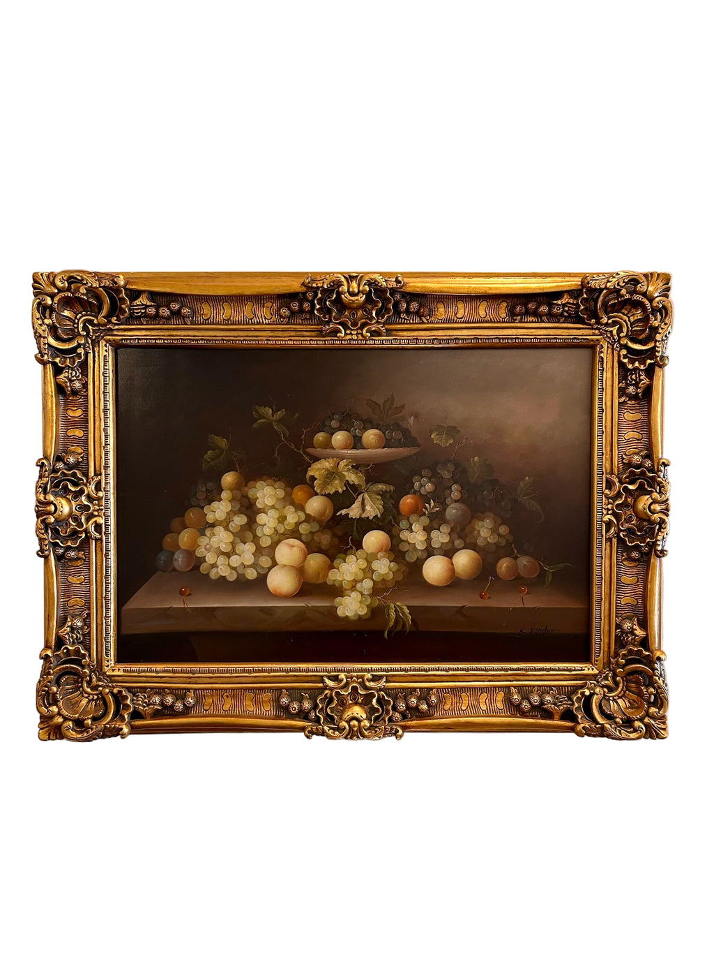 Decorative still life painting with fruits in a gold frame on a white background