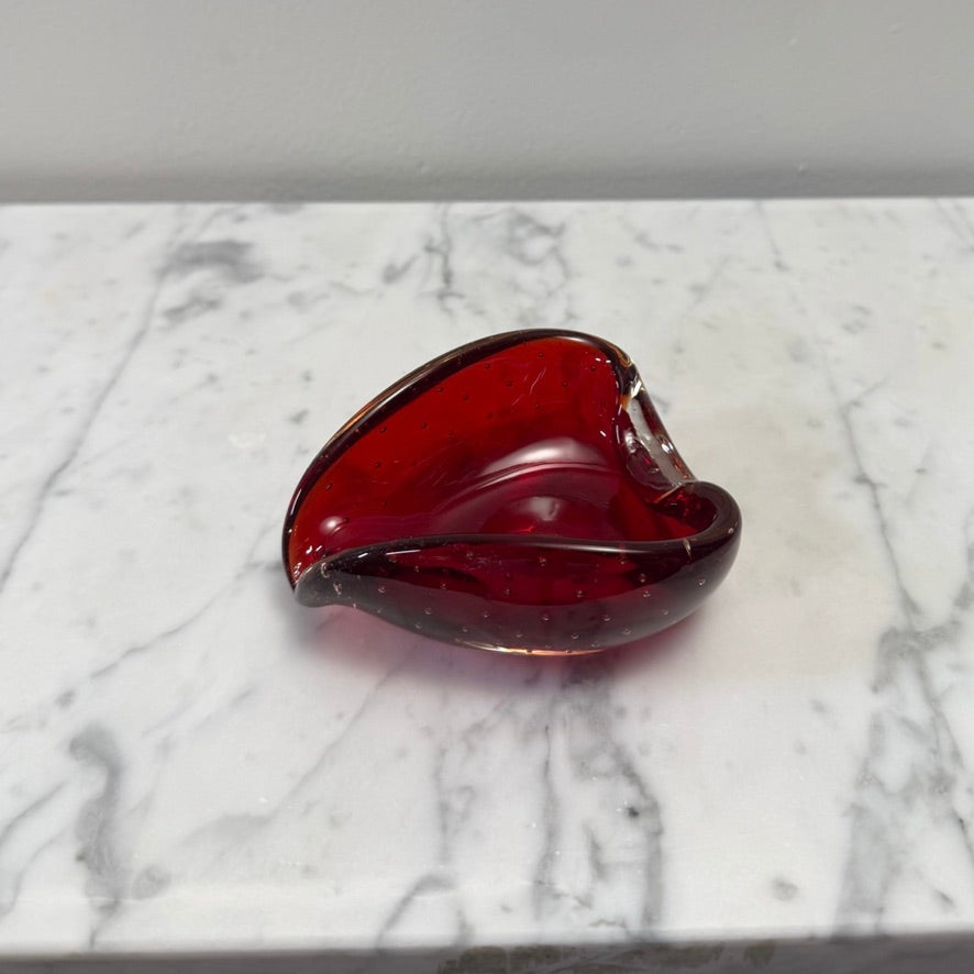 Mid-Century Italian Murano Bullicante Red Art Glass Heart Bowl
