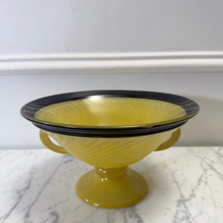 Art Deco Style Yellow and Black Pressed Glass Footed Compote