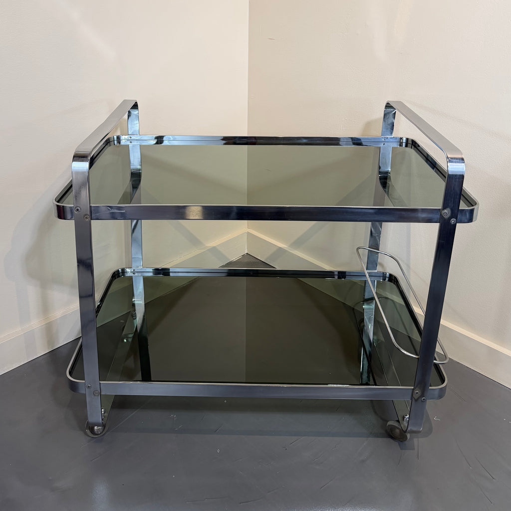 Chrome & Smoked Glass Bar Cart in Style of Jacque Adnet
