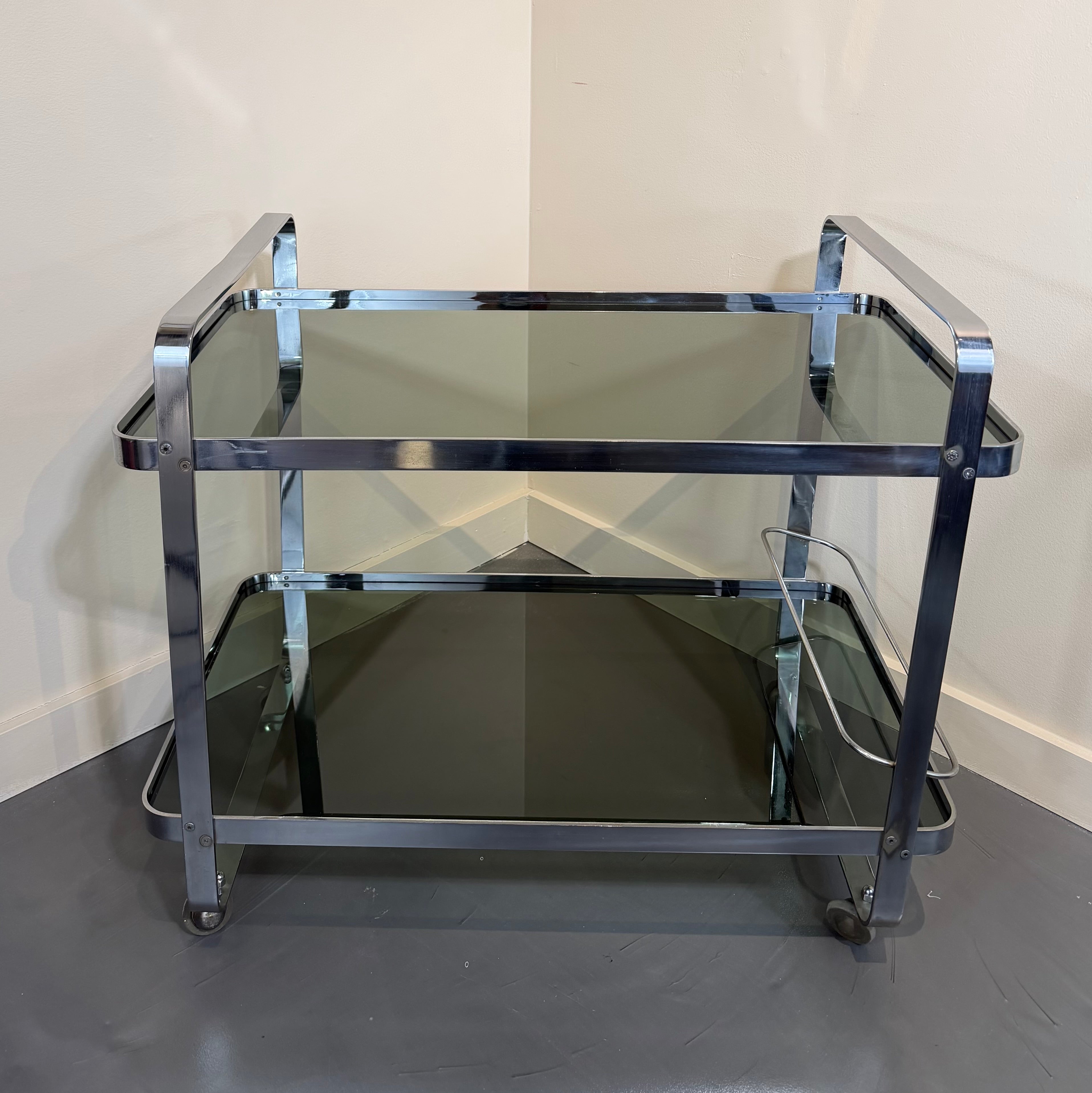 Chrome & Smoked Glass Bar Cart in Style of Jacque Adnet