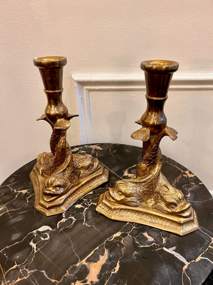 Vintage Brass Dolphin Trio Candle Stick Pair