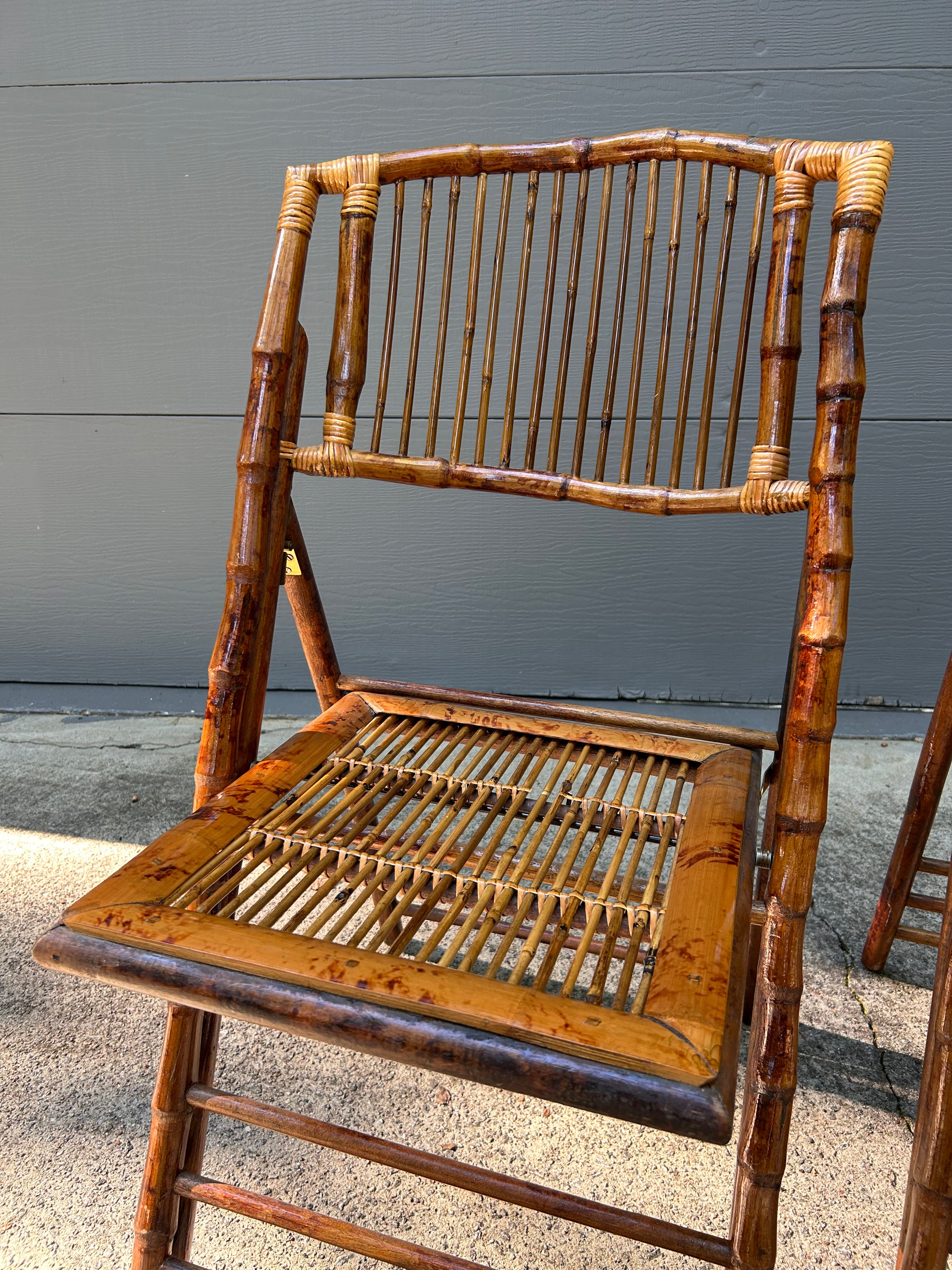 MCM Bamboo Tortoiseshell Folding Chair Pair