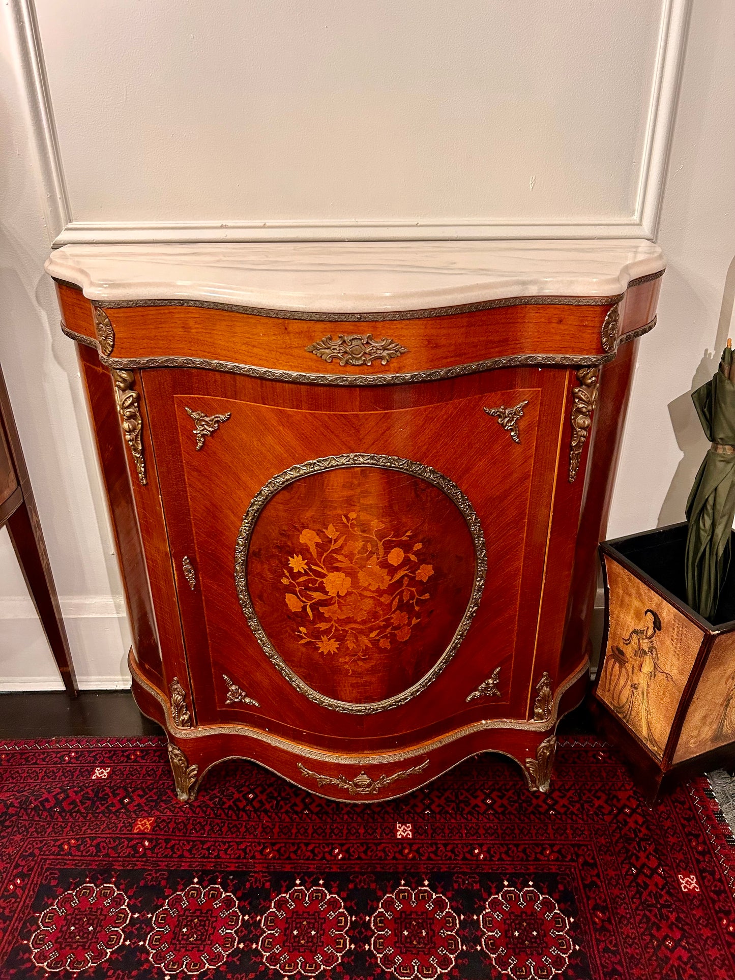 Louis XVI Style Marble Top Marquetry Cabinet