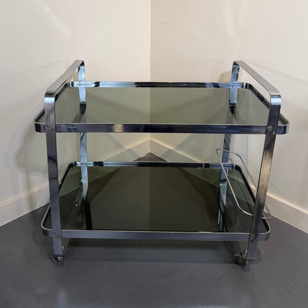 Chrome & Smoked Glass Bar Cart in Style of Jacque Adnet