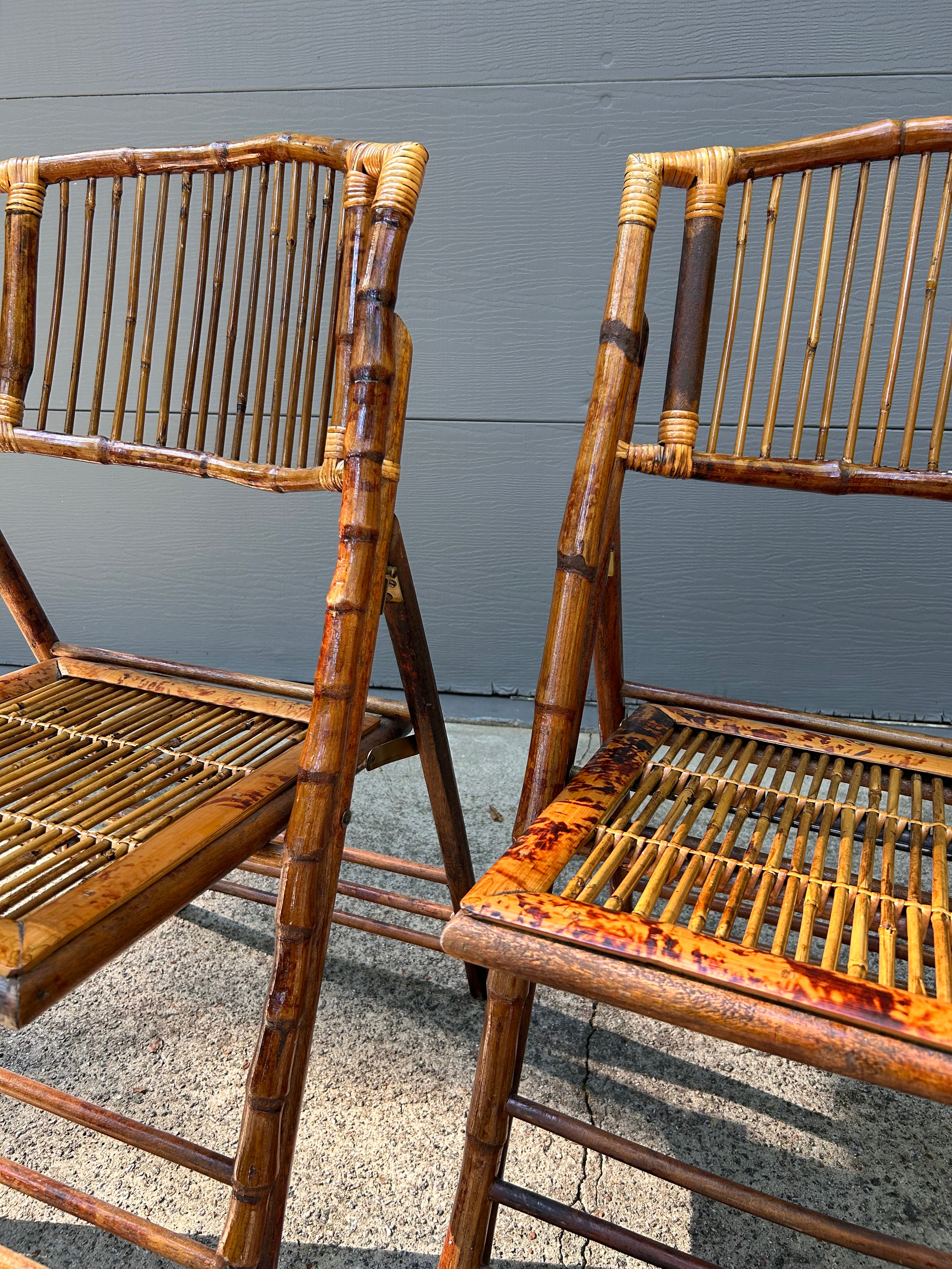 MCM Bamboo Tortoiseshell Folding Chair Pair