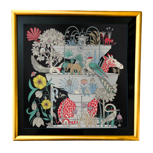 Precious Paradise Detail Framed Vintage Silk Scarf 24"