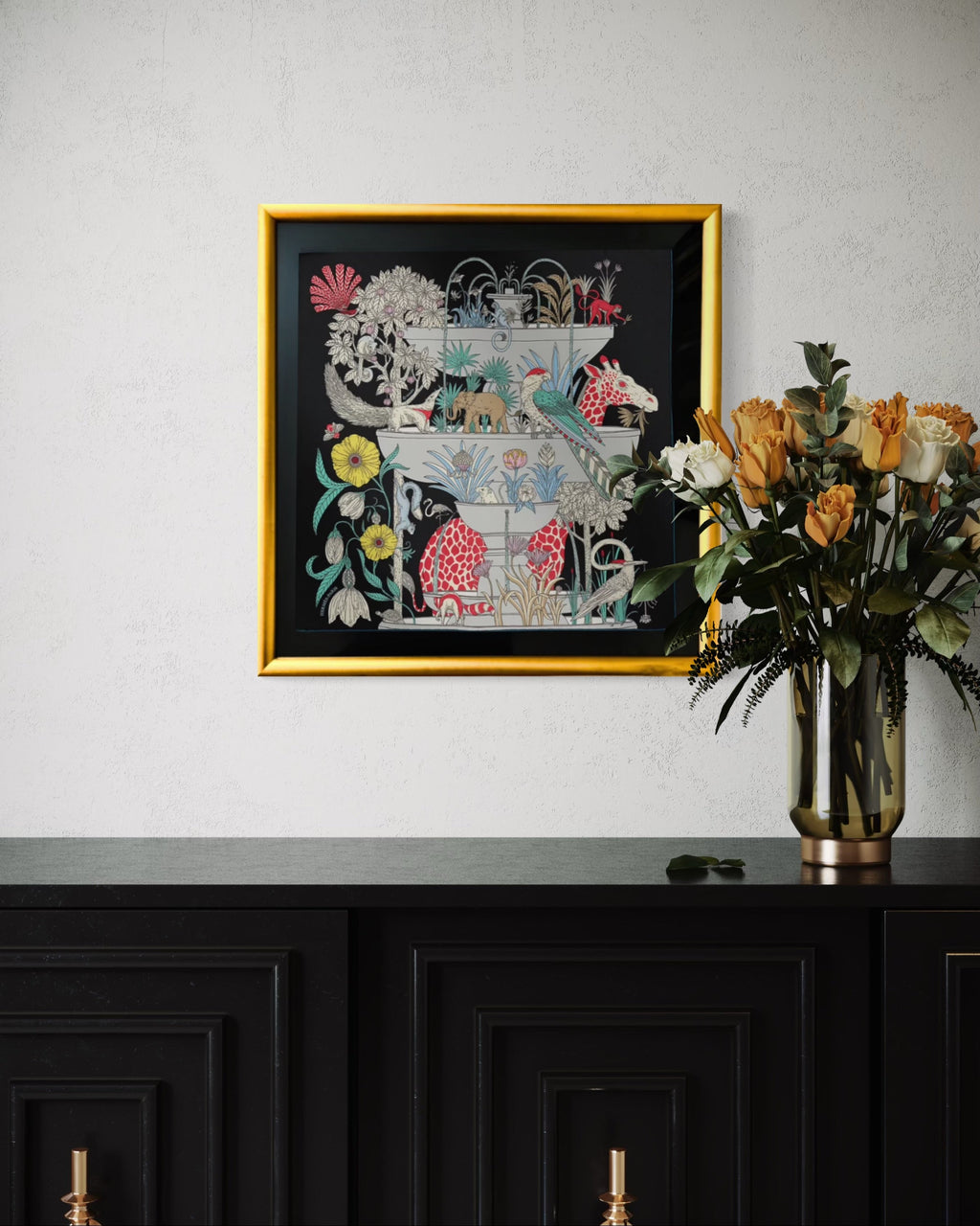 Precious Paradise Detail Framed Vintage Silk Scarf 24"