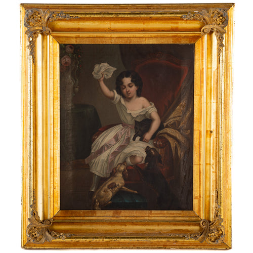 19th Century Oil Painting Girl Defending Cat